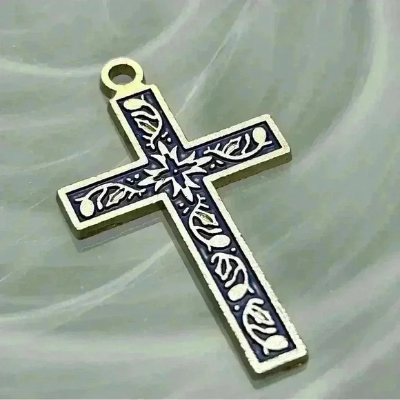 Jewelry - Vintage Etched Motif Blue Enamel Cross Pendant